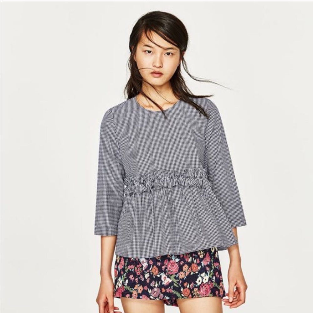 Zara navy and white Gingham Babydoll Top